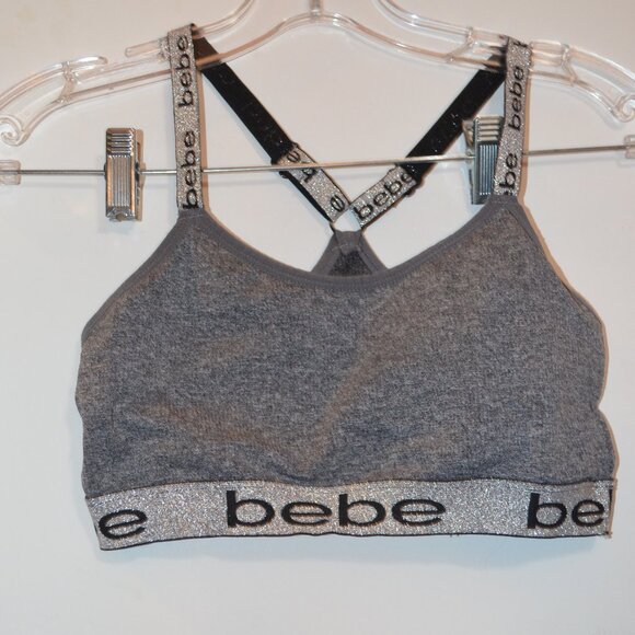 BEBE Intimates Pull-over Straps Nylon-Polyester-Spandex Gray Silver Lurex Top M - Picture 7 of 8